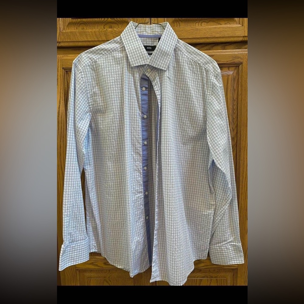 Mens Hugo Boss Checkered Button Down Dress Shirt, Size 18 (Neck)